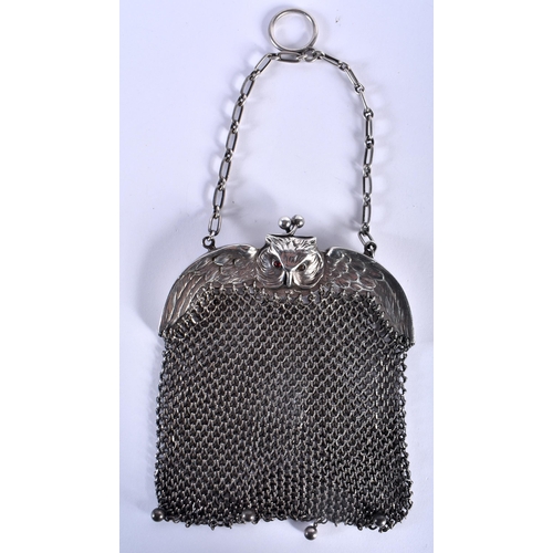 89 - A CHARMING SILVER AND RUBY ENGLISH SILVER OWL PURSE by 'RF' formed with wings over draped chainmail.... 