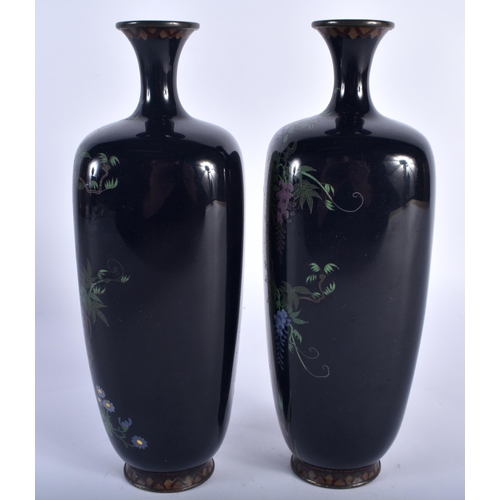 90 - A PAIR OF 19TH CENTURY JAPANESE MEIJI PERIOD CLOISONNE ENAMEL VASES decorated with hanging wisteria.... 