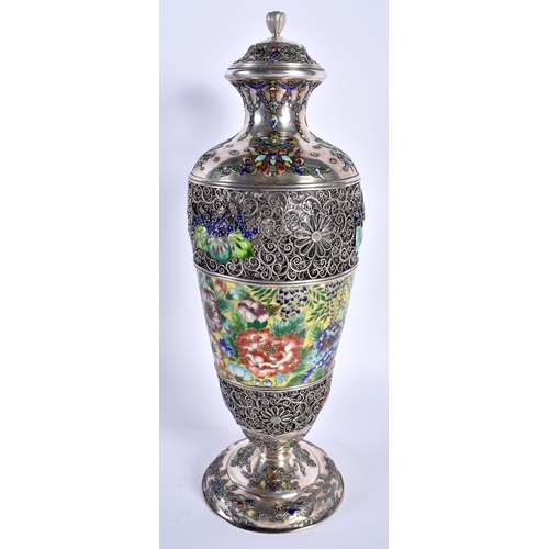 92 - A MAJESTIC 19TH CENTURY JAPANESE MEIJI PERIOD SILVER AND ENAMEL JUG AND COVER wonderful decorated al... 