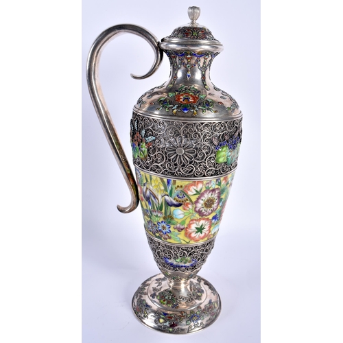 92 - A MAJESTIC 19TH CENTURY JAPANESE MEIJI PERIOD SILVER AND ENAMEL JUG AND COVER wonderful decorated al... 