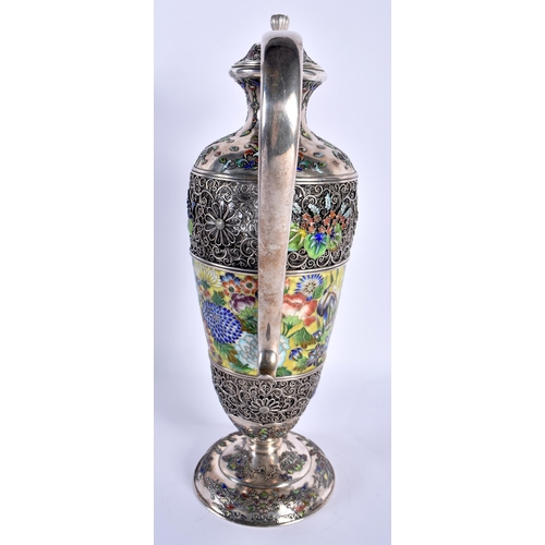 92 - A MAJESTIC 19TH CENTURY JAPANESE MEIJI PERIOD SILVER AND ENAMEL JUG AND COVER wonderful decorated al... 