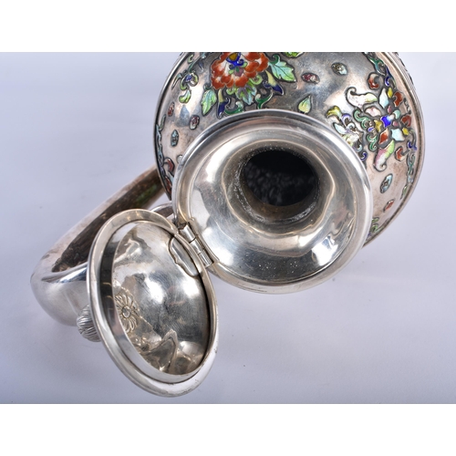 92 - A MAJESTIC 19TH CENTURY JAPANESE MEIJI PERIOD SILVER AND ENAMEL JUG AND COVER wonderful decorated al... 