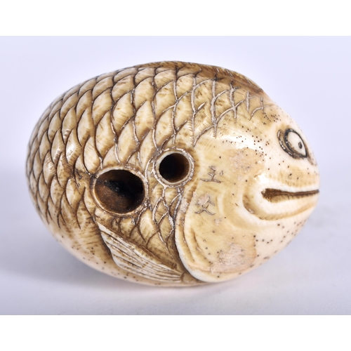 94 - A 19TH CENTURY JAPANESE MEIJI PERIOD CARVED STAG ANTLER NETSUKE formed as a male riding upon a fish.... 