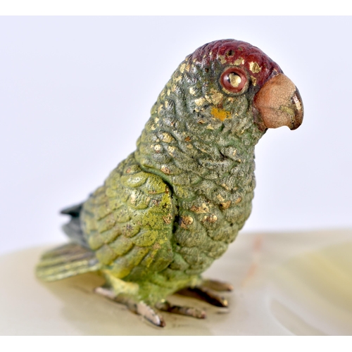 100D - AN AUSTRIAN COLD PAINTED BRONZE PARROT, sat upon a hardstone ashtray. 11cm x 7.5cm