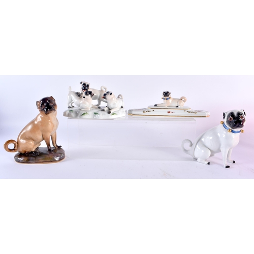 100A - A SET OF FOUR MEISSEN PORCELAIN PUG DOGS of various sizes. Largest 14cm