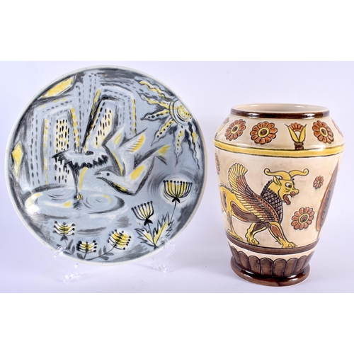 101 - A RARE SYLVAC ASSYRIAN WINGED BULL VASE together with an art deco English porcelain plate. Largest 2... 