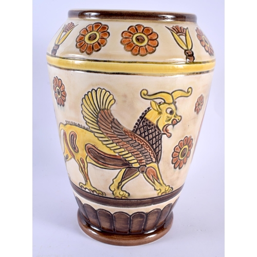 101 - A RARE SYLVAC ASSYRIAN WINGED BULL VASE together with an art deco English porcelain plate. Largest 2... 