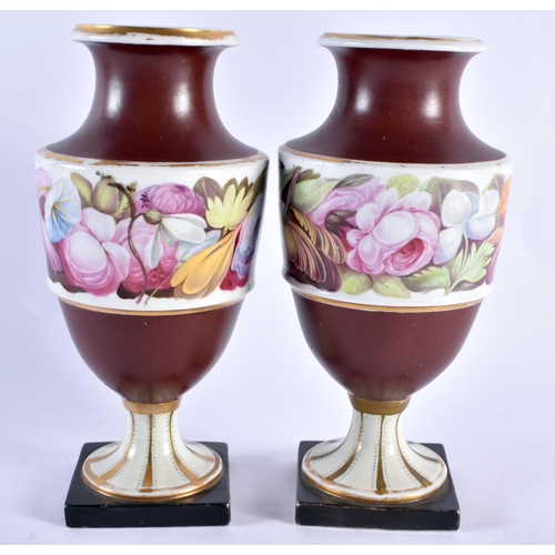 105 - A PAIR OF EARLY 19TH CENTURY ENGLISH PORCELAIN VASES probably Chamberlains Worcester, painted with f... 