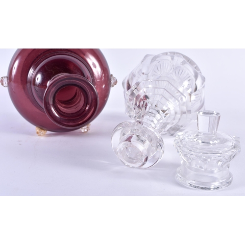 107 - A RARE ANTIQUE CUT GLASS DECANTER AND STOPPER together with a Venetian ruby glass vase. Largest 23.5... 