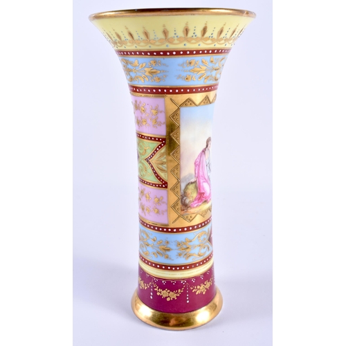 127 - A LARGE EARLY 20TH CENTURY VIENNA PORCELAIN FLARED VASE painted with lovers within a landscape. 24 c... 