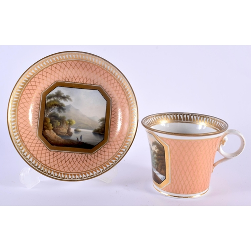 13 - AN EARLY 19TH CENTURY CHAMBERLAINS WORCESTER PORCELAIN CUP AND SAUCER painted with a view of Dudmast... 