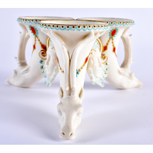 135 - A VERY UNUSUAL 19TH CENTURY ENGLISH PARIAN WARE JEWELLED TRIPLE POSY VASE possibly Minton. 14 cm x 9... 