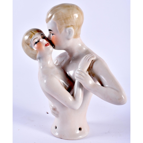 136 - A RARE ART DECO PORCELAIN DANCING PIN CUSHION together with a painted marble box and cover. Largest ... 