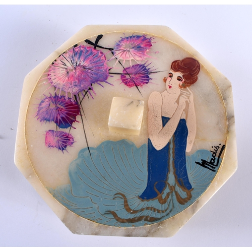 136 - A RARE ART DECO PORCELAIN DANCING PIN CUSHION together with a painted marble box and cover. Largest ... 