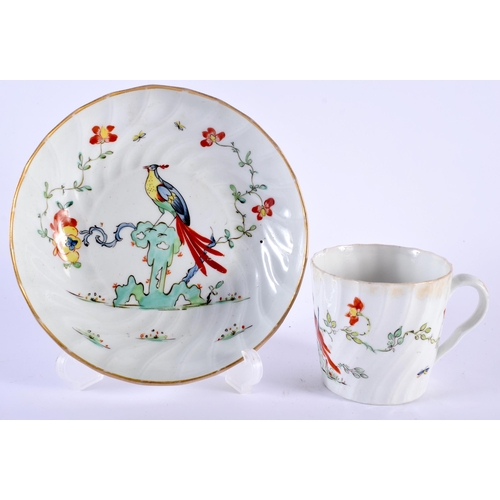14 - AN 18TH CENTURY WORCESTER FLUTED CUP AND SAUCER painted with the Sir Joshua Reynolds pattern. 12 cm ... 