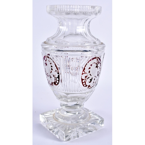 141 - A FINE 19TH CENTURY ENGLISH CUT AND RUBY GLASS PEDESTAL VASE decorated with panels of birds amongst ... 