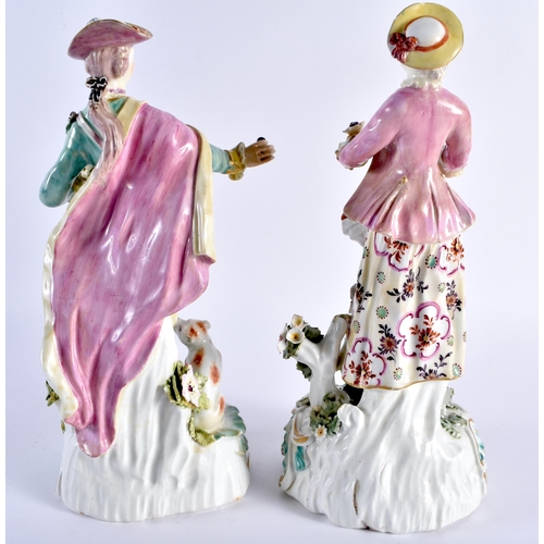 169 - Mid 18th century Derby figures of the Dresden Shepherd and Shepherdess, modelled as a maiden and her... 