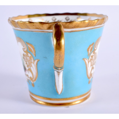 17 - AN EARLY 19TH CENTURY CHAMBERLAINS WORCESTER CUP AND SAUCER painted with birds within gilt cartouche... 