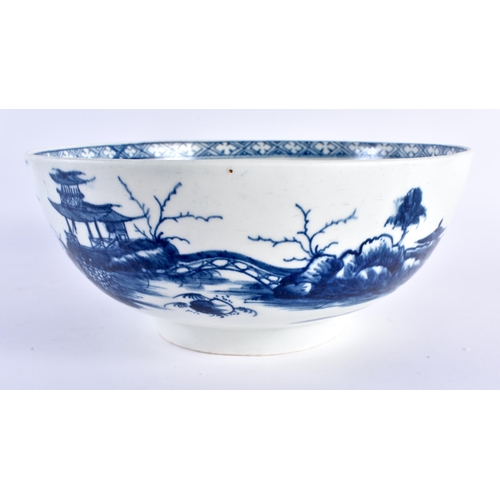 173 - 18th century Worcester punchbowl painted with the Precipice pattern in blue. 23cm diameter