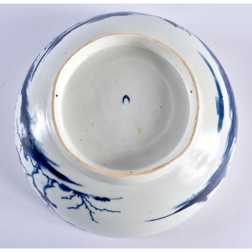 173 - 18th century Worcester punchbowl painted with the Precipice pattern in blue. 23cm diameter