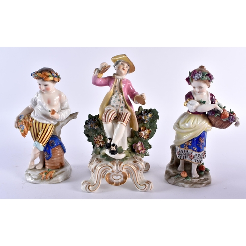 181 - Four Derby or Bow 18th century style figures, and a pair of European figures of seasons. 16cm high (... 