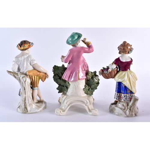 181 - Four Derby or Bow 18th century style figures, and a pair of European figures of seasons. 16cm high (... 