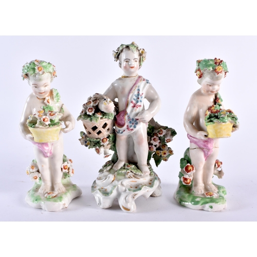 181 - Four Derby or Bow 18th century style figures, and a pair of European figures of seasons. 16cm high (... 