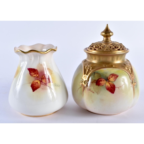 182 - Royal Worcester moulded pot pourri pierced cover painted with an octagonal leaves and berries by Kit... 