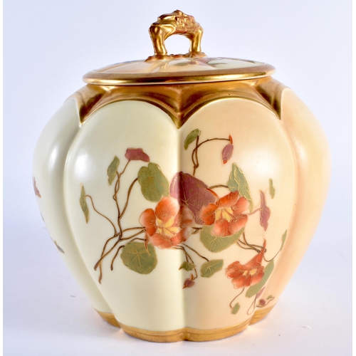 186 - Royal Worcester biscuit barrel painted with flowers on a two tone ivory and blush ivory ground date ... 