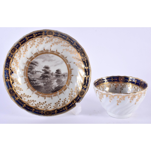 20 - A RARE 18TH CENTURY WORCESTER FLUTED TEABOWL AND SAUCER painted with a view of Hillingdon House Midd... 