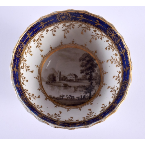 20 - A RARE 18TH CENTURY WORCESTER FLUTED TEABOWL AND SAUCER painted with a view of Hillingdon House Midd... 