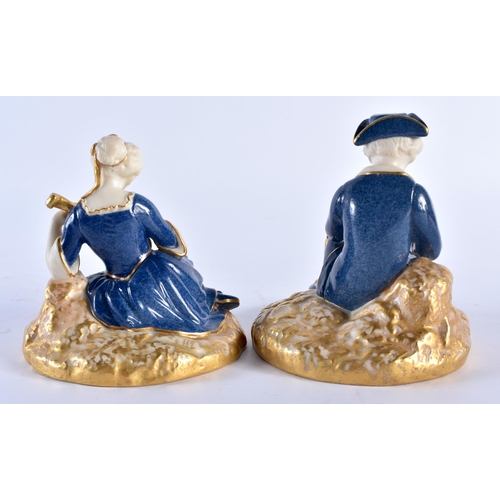 201 - Royal Worcester pair of figures of a boy and girl he with a wind instrument and she with a stringed ... 