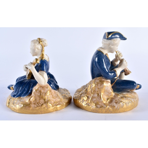 201 - Royal Worcester pair of figures of a boy and girl he with a wind instrument and she with a stringed ... 