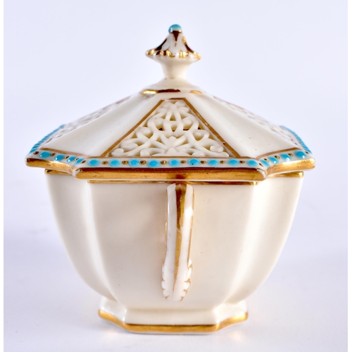 210 - Grainger's Worcester reticulated two handled box and cover with turquoise jewelling, mark to base. 1... 