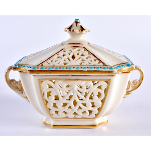 210 - Grainger's Worcester reticulated two handled box and cover with turquoise jewelling, mark to base. 1... 