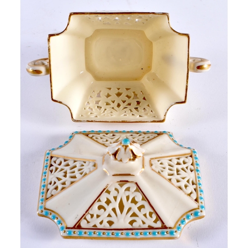 210 - Grainger's Worcester reticulated two handled box and cover with turquoise jewelling, mark to base. 1... 