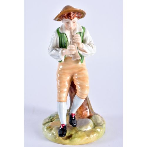 212 - Royal Worcester figure of a boy playing a pipe seated on a tree stump, painted in bright colours, ti... 