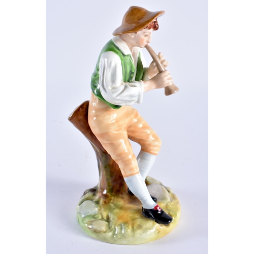 212 - Royal Worcester figure of a boy playing a pipe seated on a tree stump, painted in bright colours, ti... 