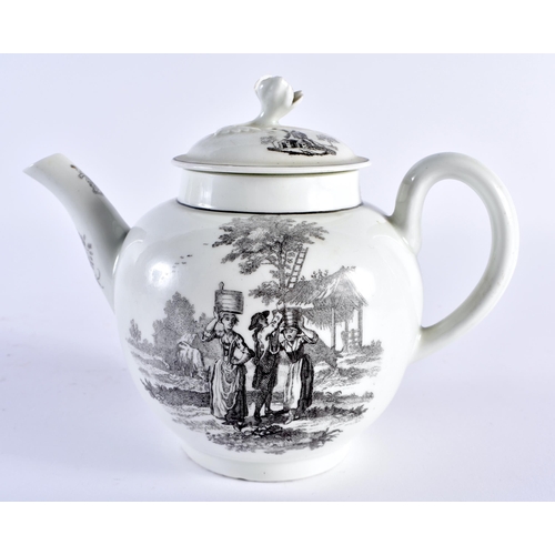 223 - 18th century Worcester teapot and cover printed with the Milkmaids and Rural Lovers, the cover with ... 