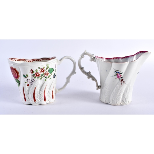 227 - Liverpool rare HP type cream jug moulded with acanthus leaves and painted with flowers and a high Ch... 