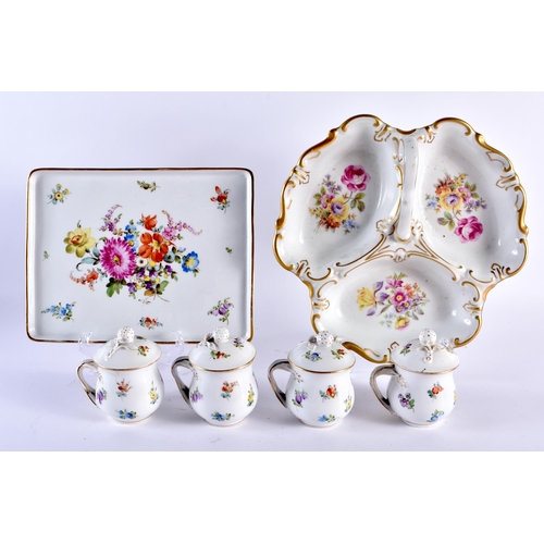 236 - Pre-1891 Set of four French custard cups and covers with original tray painted with flowers, having ... 