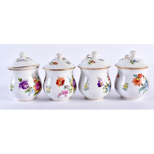 236 - Pre-1891 Set of four French custard cups and covers with original tray painted with flowers, having ... 