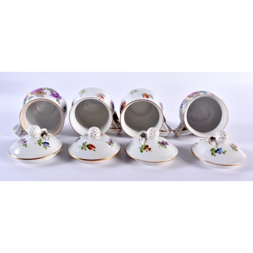 236 - Pre-1891 Set of four French custard cups and covers with original tray painted with flowers, having ... 