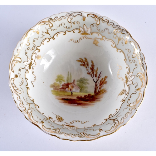 239 - 19th century English porcelain bowl painted with an internal landscape under a grey and gilt border ... 