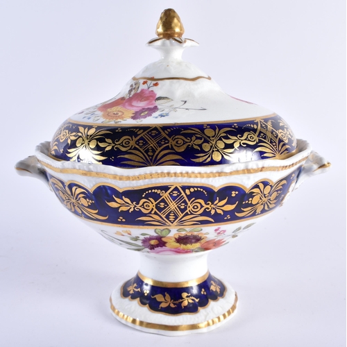 240 - 19th century English porcelain sauce tureen and cover painted with flowers and blue and gilt borders... 