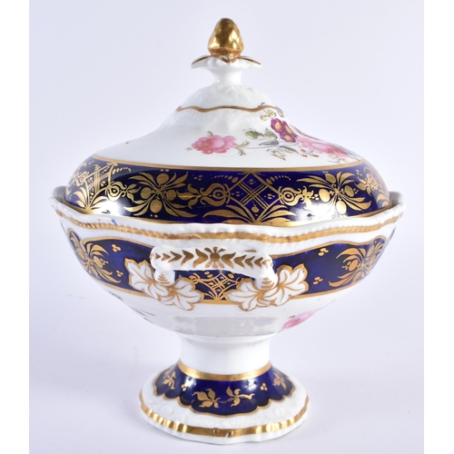 240 - 19th century English porcelain sauce tureen and cover painted with flowers and blue and gilt borders... 