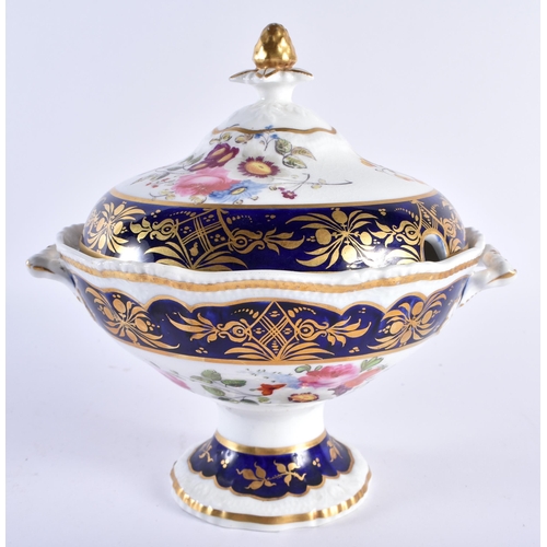 240 - 19th century English porcelain sauce tureen and cover painted with flowers and blue and gilt borders... 