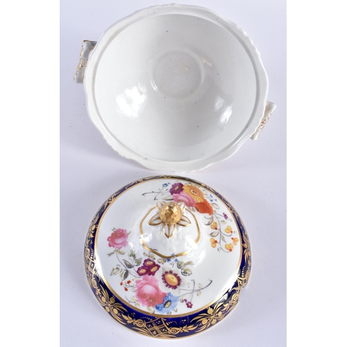 240 - 19th century English porcelain sauce tureen and cover painted with flowers and blue and gilt borders... 