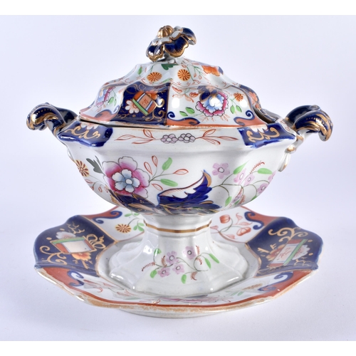 242 - 19th century English Ironstone tureen, cover and fixed stand painted in imari style colours