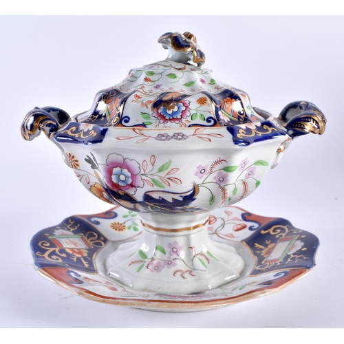 242 - 19th century English Ironstone tureen, cover and fixed stand painted in imari style colours